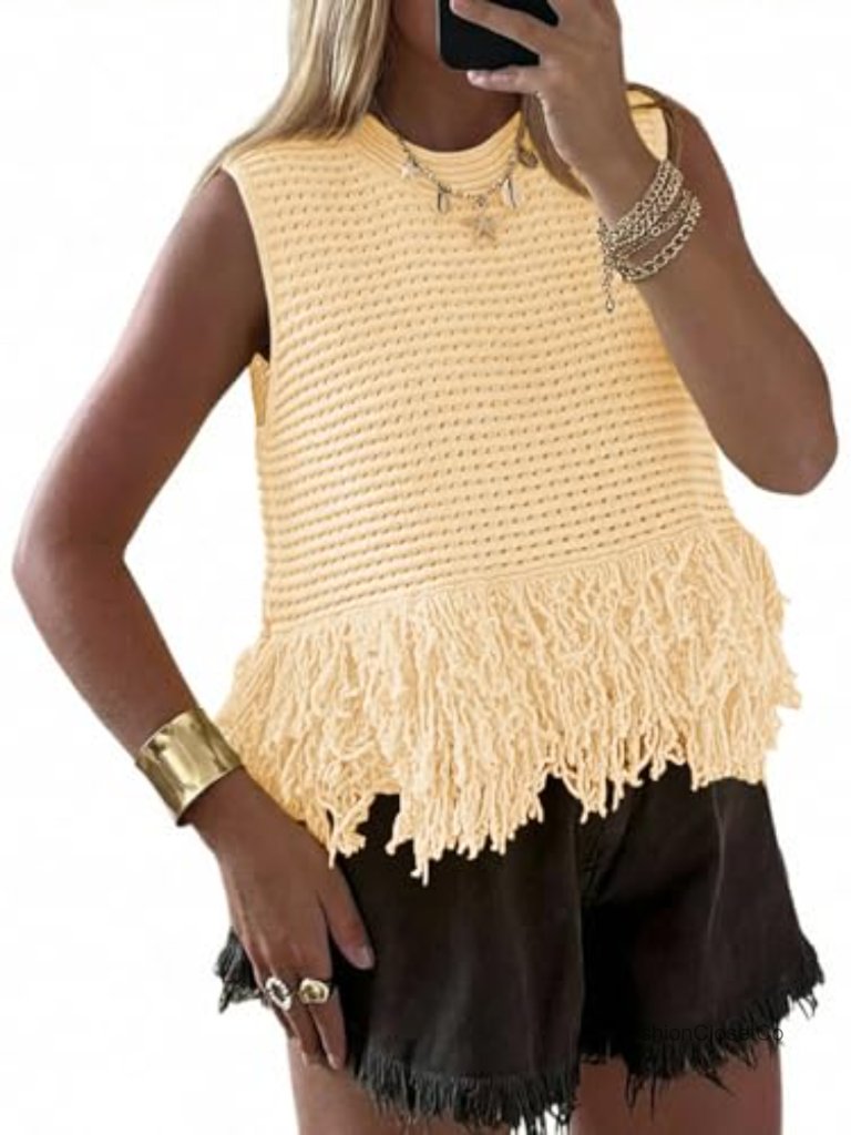 Crochet Fringe Crew Neck Sleeveless Knit Tank Top Vest Boho Summer Sweater